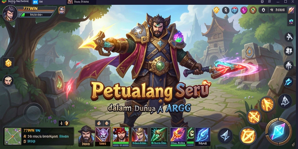Screenshot gameplay ARPG 77WIN menampilkan pertarungan epik dan karakter heroik.