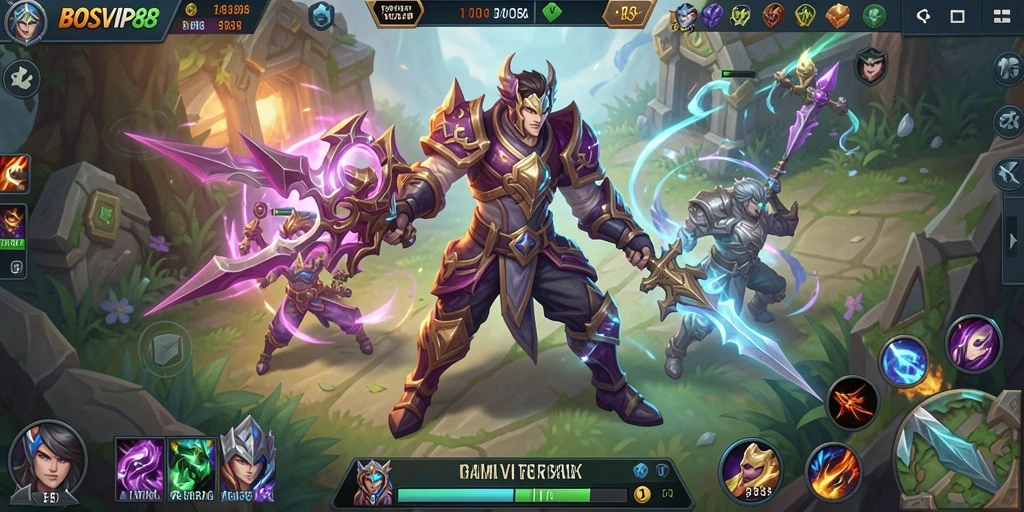 Tampilan gameplay seru di BOSVIP88, menunjukkan aksi MOBA yang mendebarkan.