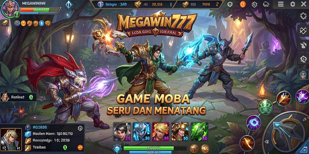 Screenshot utama MEGAWIN777 menampilkan aksi intens dalam pertempuran MOBA.