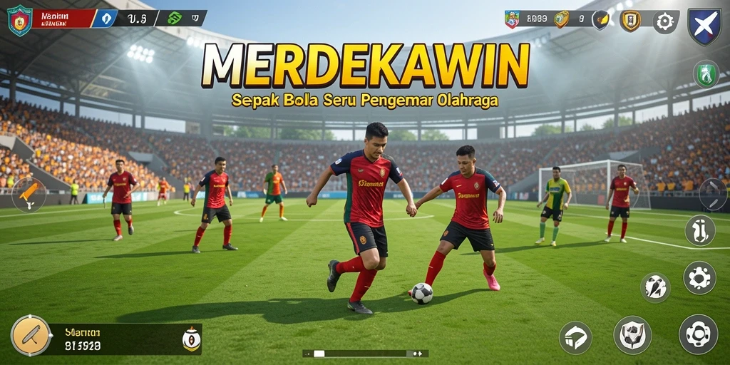 Screenshot gameplay MERDEKAWIN menampilkan aksi sepak bola yang menegangkan.