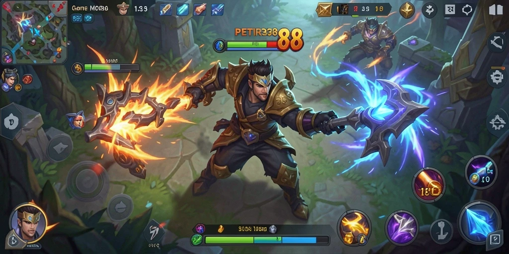 Screenshot utama <strong>PETIR388</strong> menampilkan pertarungan intens di arena MOBA.
