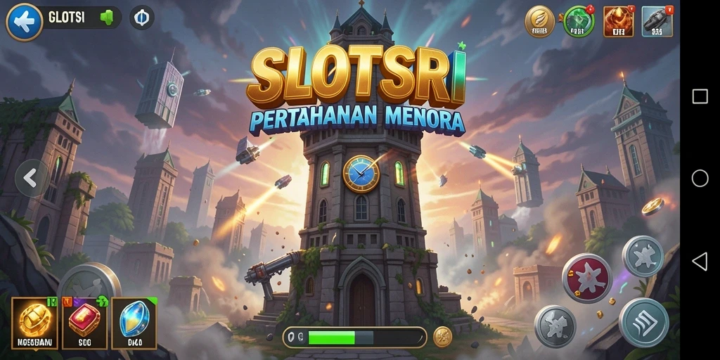 Tampilan gameplay SLOTSRI dengan menara yang kokoh dan musuh yang mendekat.