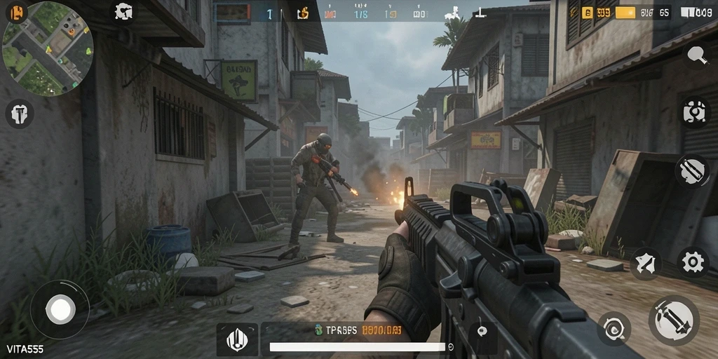 Screenshot VITA555 menampilkan intensitas pertempuran dalam gameplay TPS.